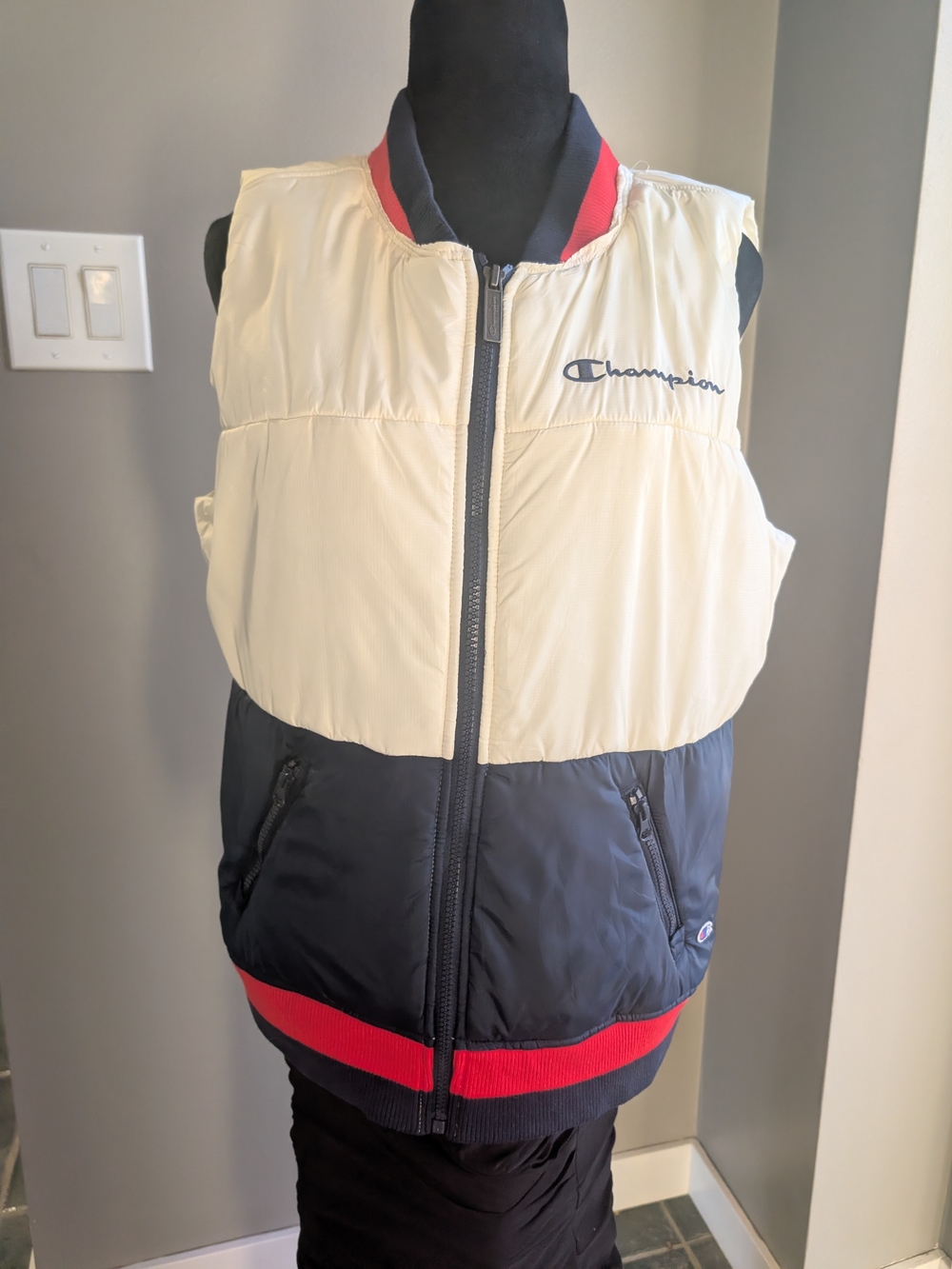 Champion Men’s Colorblock Puffer Vest — Cream, Navy & Red Trim